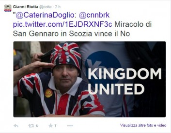 Twitt di Gianni Riotta sulla vittoria dei No in Scozia